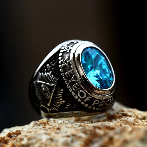 Anillo De Hombre Vintage De Acero Inoxidable Relieve De Cabeza De Carnero Circonita Ovalada Grabado Eye Of Providence
