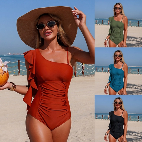Women Onepiece Swimsuit Asymmetrical One Shoulder Ruffle Ruched Slimming Beachwear Nylon Polyester Solid Color