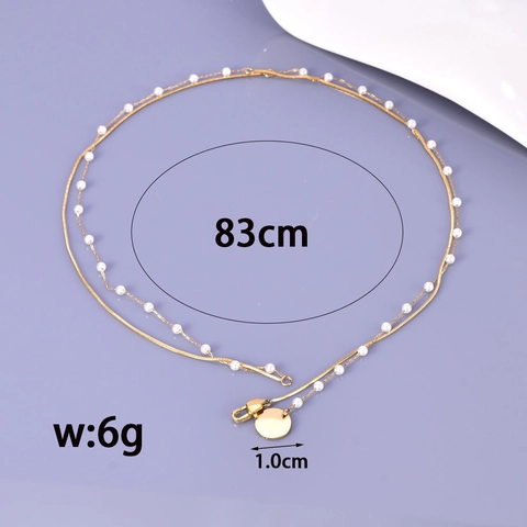 Double Layer Necklace Women Titanium Steel 18K Gold Plated Snake Bone Chain Artificial Pearl Round Disc Pendant Elegant
