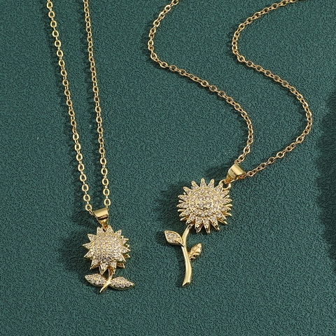 Zonnebloem Hanger Ketting Koper Zirkonia Verguld Roterende Bloem Zoete Sieraden Accessoires Voor Vrouwen