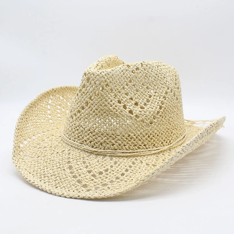 Hollow Out Paper Straw Panama Cowboy Hat Breathable Wide Brim Summer Beach Sun Protection Western Style Retro