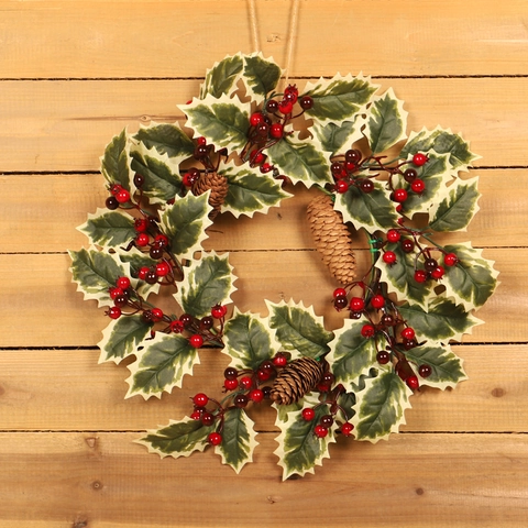 Christmas Wreath Artificial Pine Cones Red Berries White Edged Holly Leaves Iron Frame Door Hanging Festive Decoration
