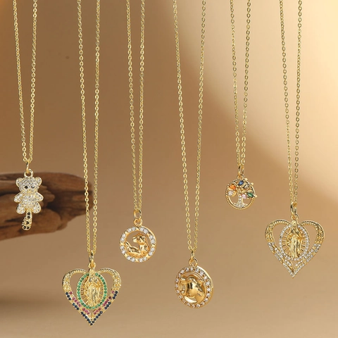Gold Plated Copper Necklace With Cubic Zirconia Heart Bear Leopard Tree Of Life Pendant For Women Trendy Choker Jewelry