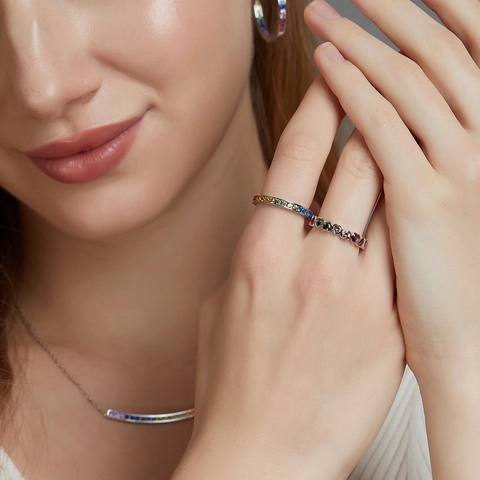 S925 Sterling Silver Heart Rainbow Zirconia Eternity Ring For Women Colorful Gemstone Heart Shaped Band Ring Jewelry Gift