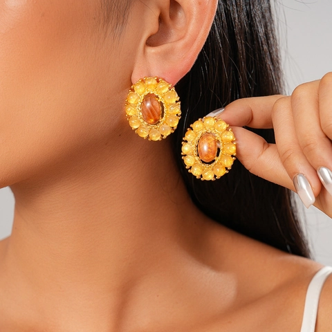 Vintage Oval Agate Glass Stud Earrings With 925 Sterling Silver Earring Post Retro Sunflower Gold Plated Jewelry For Women