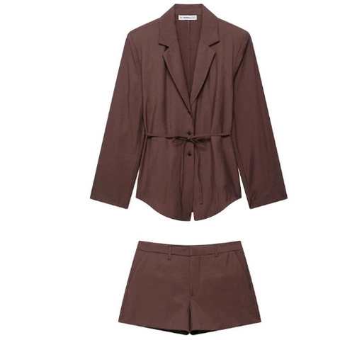 Women Blazer And Shorts Set Woven Polyester Tie Waist Long Sleeve Notched Lapel Casual Chic Plain Color Brown Suit