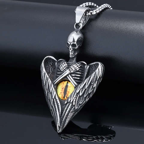 Gothic Punk Evil Eye Skull Angel Wings Pendant Necklace Stainless Steel Vintage Silver Color Jewelry For Men