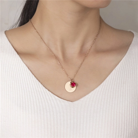 Birth Flower Birthstone Necklace Titanium Steel Engraved Round Disc Double Pendant Adjustable Elegant Jewelry For Women