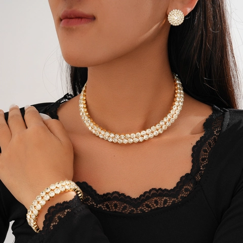 Collar Choker De Strass Pulsera Y Pendientes Aleación Doble Fila Redondo Joyería Lujo Para Mujeres Boda Fiesta Exquisito