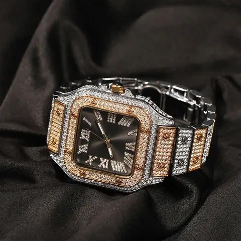 Lussuoso Orologio al Quarzo da Uomo Iced Out Hip Hop Moda Quadrante Quadrato Numeri Romani Strass Lega Acciaio Inossidabile 316L