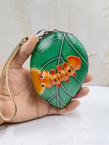 Leaf Shape Coin Purse Genuine Leather Handcrafted Ladybug Caterpillar Small Wallet Portable Zipper Pouch Pendant