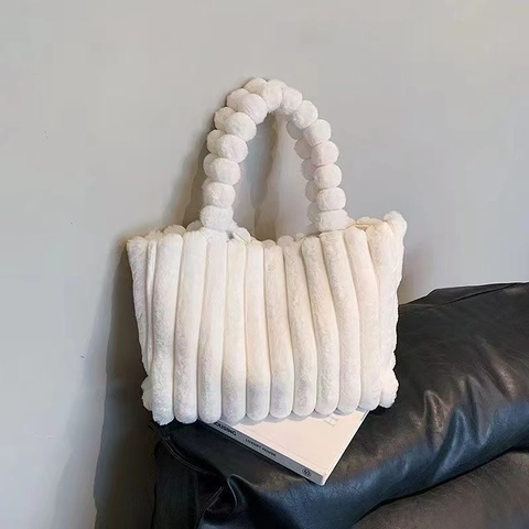 Bolso Tote De Peluche Para Mujer Bolso De Mano De Piel Sintética Rayas Verticales Con Asa De Pompones Moda Invierno