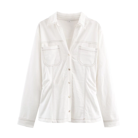 Completo Camicia Di Denim E Pantaloni A Zampa Da Donna Con Cuciture A Contrasto Slim Fit Streetwear Bianco