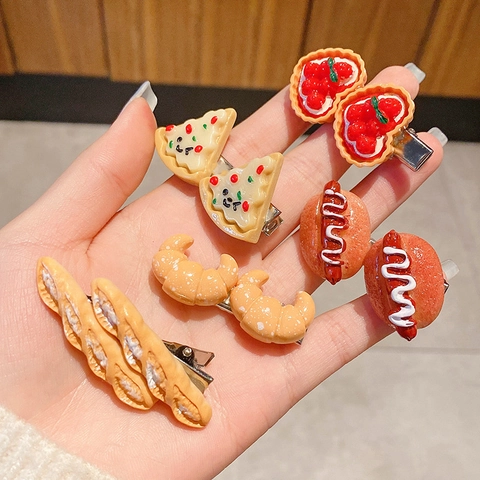 Pinzas Para El Cabello De Simulación Comida Realista Resina Pizza Hot Dog Croissant Pan Horquillas Para Mujeres Niñas Lindo