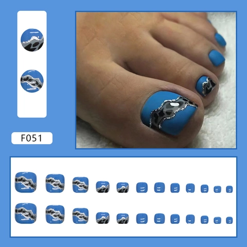 Matte Kleinblau Leopard Bernstein Künstliche Fußnägel Mit Silber Glitzer Finish Mode Kurz Tragbare Falsche Fußnägel Für Damen