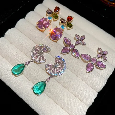 Bunte Zirkon Hängeohrringe Geometrische Wassertropfen Hohlblume Luxus Vintage Mit 925 Sterling Silber Ohrstecker