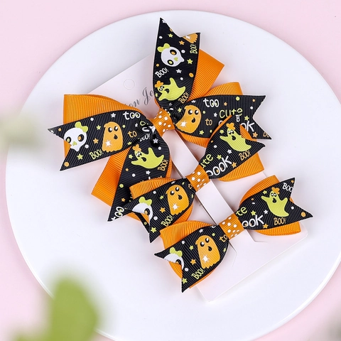 Mollette Per Capelli Fiocco Halloween Nastro Grosgrain Motivi Zucca Fantasma Teschio Festa Carino Decor Per Neonati Bambine