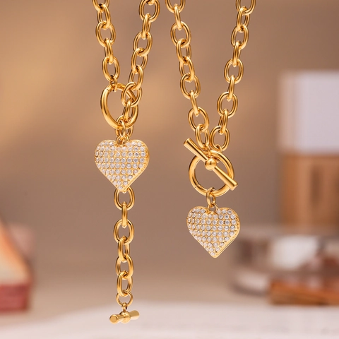 Collier Et Bracelet Avec Pendentif Coeur En Or Acier Inoxydable Zircon Fermoir Toggle Bijoux Mode Femmes