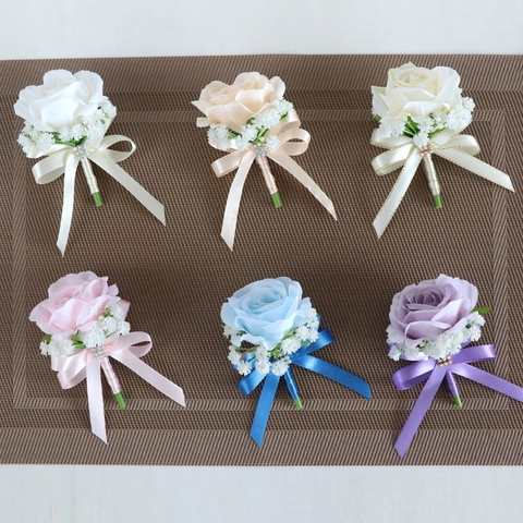 Artificial Rose Boutonniere Satin Flower Satin Ribbon Rhinestone Accent Wedding Groom Bride Formal Party Accessories