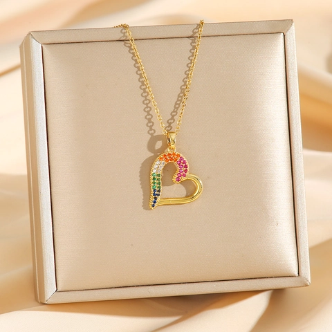 Collana Con Ciondolo A Cuore Acciaio Inossidabile Con Zirconi Arcobaleno Colorati Cavo Micro Pavé Gioielli Per Donna Moda