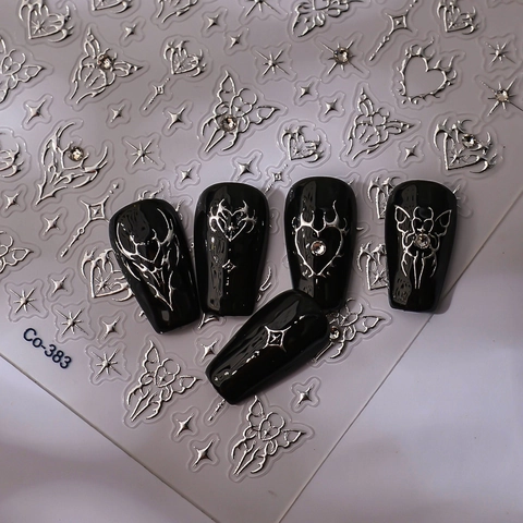 5D Relief Nagelsticker Metallisch Gothic Schmetterling Herz Y2K Design Selbstklebend Maniküre Aufkleber