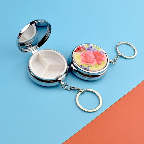 Portable Round Metal Pill Box Keychain With Mirror Multi Compartment Floral Print Travel Medicine Storage Organizer Case