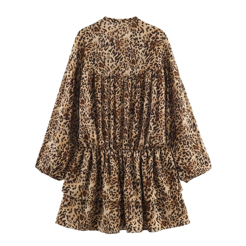 Robe Léopard Femmes Mousseline Manches Longues Col V Étagée Volants Ligne A Décontractée Élégante Mode