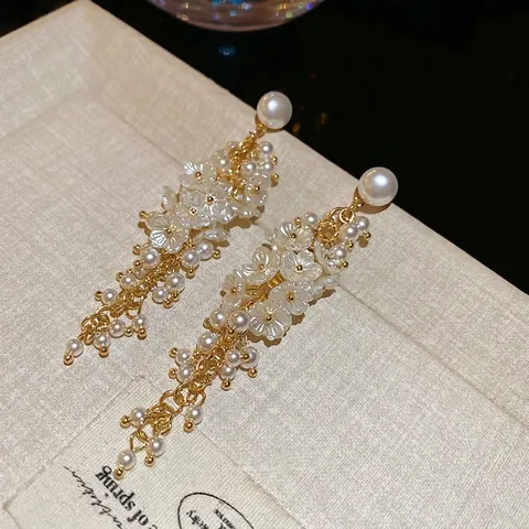 Artificial Pearl Flower Long Tassel Earrings With 925 Sterling Silver Earring Post Elegant Gold Tone Alloy Floral Jewelry For Women