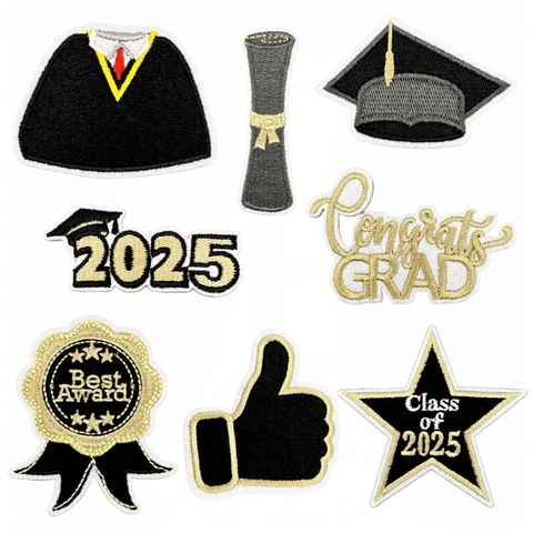 2025 Graduation Season Embroidery Patches Black Gold Embroidered Iron On Applique Graduation Gown Cap Decor Badges