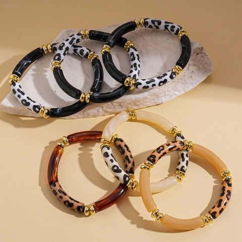 Leopardenmuster Acrylharz Geometrische Röhren Elastische Armbänder Legierung Zwischenstücke Retro Nischenschmuck Damen