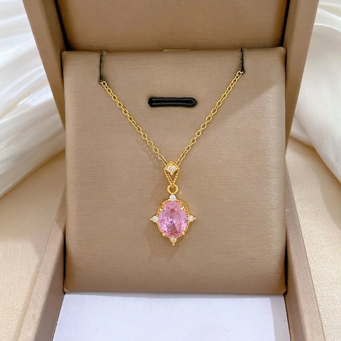 Elegant Pink Oval Gemstone Pendant Necklace Stainless Steel Chain Copper Micro Inlaid Rhinestones Vintage Luxury Jewelry For Women