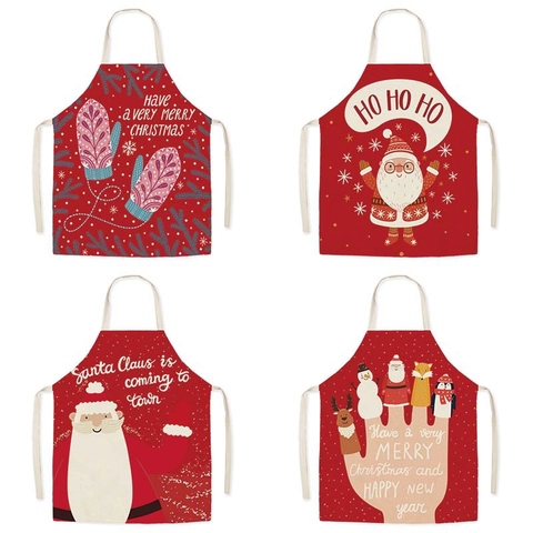 Christmas Apron Santa Claus Reindeer Pattern Polyester Cotton Linen Fabric For Kitchen Cooking Baking Holiday Decoration Adults Kids