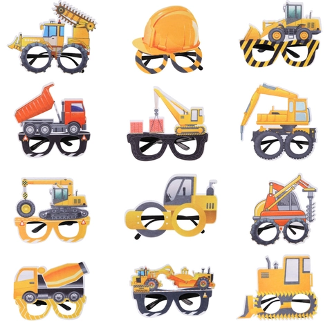 Construction Vehicle Theme Birthday Party Glasses For Kids Excavator Bulldozer Cartoon Photo Props Festive Party Supplies Decorative Glasses