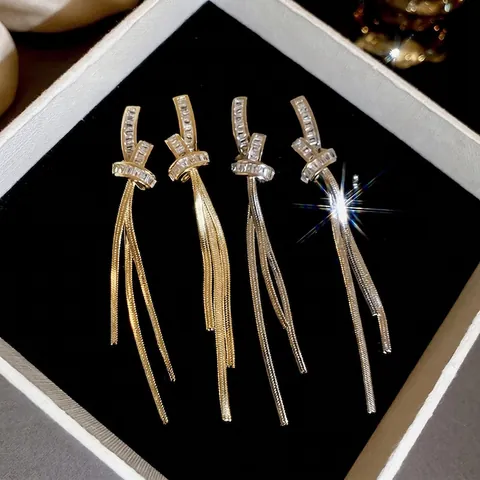 Pendientes Colgantes De Borla Con Nudo De Circón Con Poste De Plata De Ley 925 Cobre Chapado En Oro Largos Para Mujeres