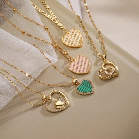 Heart Pendant Necklace Copper 18K Gold Plated Zircon Striped Enamel Elegant Jewelry For Women