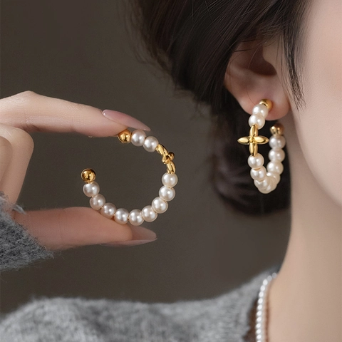 Orecchini A Cerchio A Forma Di C Con Künstliche Perle Decorazione Floreale Placcata Oro Perno In Argento Gioielli Eleganti Retro Francesi Per Donne