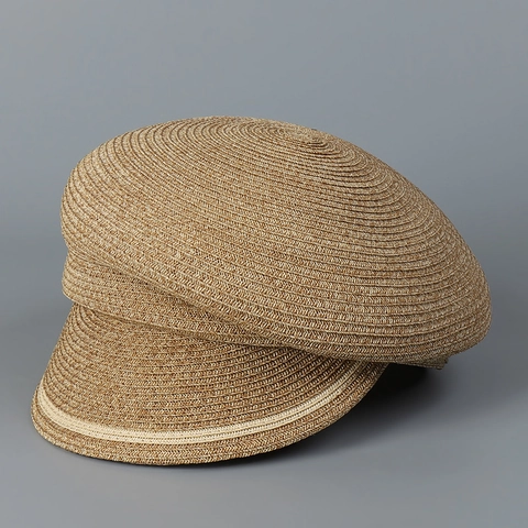Damen Naturstroh Schirmmütze Geflochtener Sommer Sonnenhut Atmungsaktiv Faltbar Reiter Baker Boy Stil Retro Outdoor