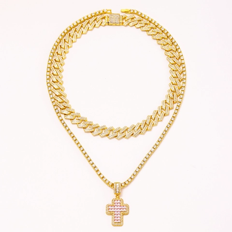 Collana A Maglia Cubana E Catena Tennis In Lega Con Strass Hip Hop Con Ciondolo A Croce Rosa Accessorio Streetwear Unisex
