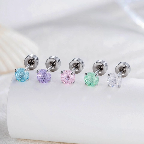 Candy Color Cubic Zirconia Ear Cartilage Stud Earrings Titanium Steel Flat Back Screw Helix Piercing Jewelry For Women