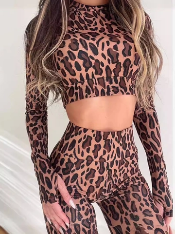 Dames Luipaardprint Outfit Polyester Elastaan Lange Mouwen Opstaande Kraag Crop Top En Hoge Taille Strakke Broek