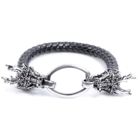 Retro Hip Hop Drachen Totem Armband Herren Geflochtenes PU Leder Silber Legierung Doppel Drachenkopf Armreif Gothic Punk