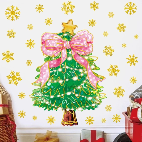Christmas Tree Wall Stickers Snowflake Window Decals PVC Self Adhesive Festive Glass Decors For Home Party Pink Bow Star