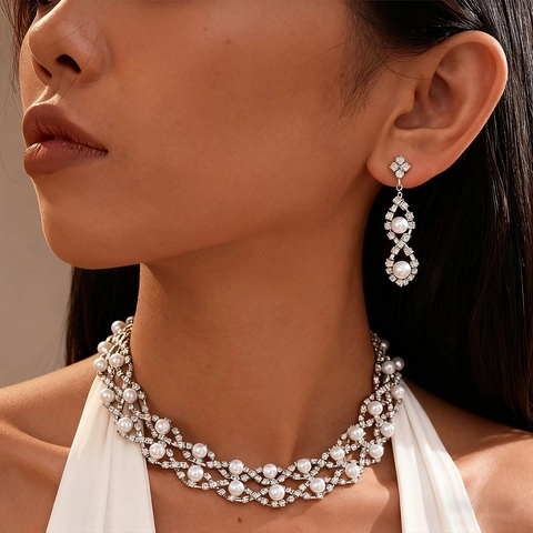 Conjunto Joyas Mujer Perla Artificial Imitación Diamante Imitación Gargantilla Flor Calada Collar Y Pendientes Colgantes Boda