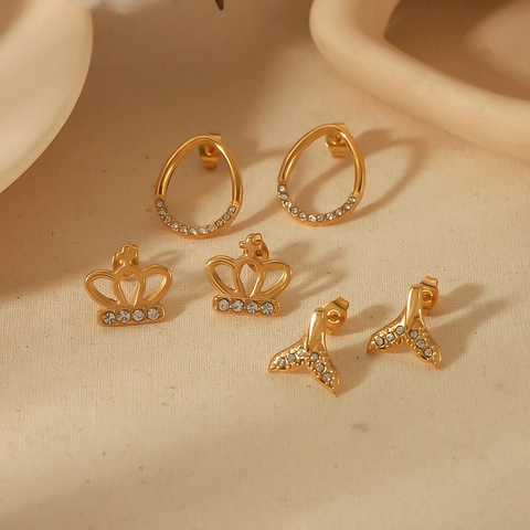 Fashion 18K Gold Plated Stainless Steel Stud Earrings For Women Elegant Crown Fish Tail Zircon Rhinestone Jewelry Tarnish Free