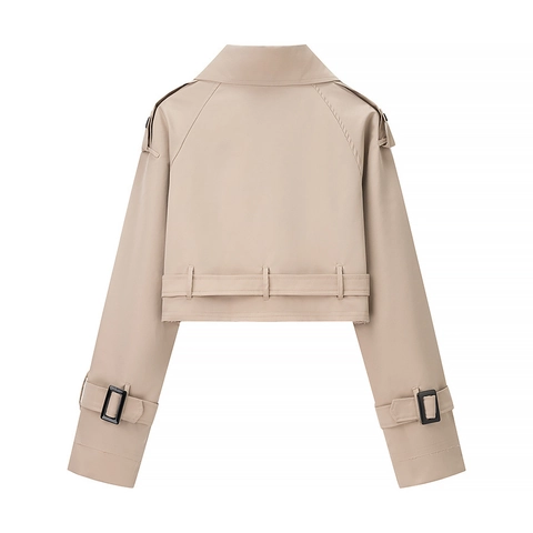 Women Cropped Windbreaker Jacket Polyester Lapel Collar Belted Epaulettes Solid Apricot Streetwear Outwear