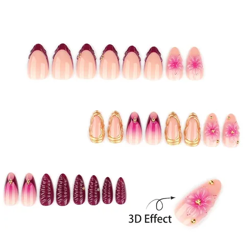 Press On Nails 3D Embossed Flower French Tip Gradient Purple Pink Artificial Fake Fingernails For Women Elegant Manicure