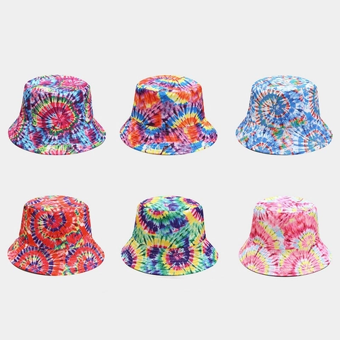 Καπέλο Bucket Βαμβακερό Καμβά Ουράνιο Τόξο Tie-Dye Διπλής Όψης Προστασία Ήλιου Καλοκαιρινή Παραλία Outdoor Για Άνδρες Γυναίκες