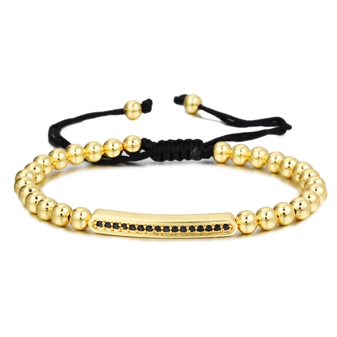 Handmade Copper Beaded Adjustable Bracelet For Men Women Micro Inlaid Black Rhinestone Bar Charm Jewelry Gold Silver Black Plated