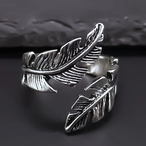 Anello Aperto in Lega Vintage a Forma di Piuma Per Uomo Donna Regolabile Colore Argento Antico Retro Bohemién Gioielli
