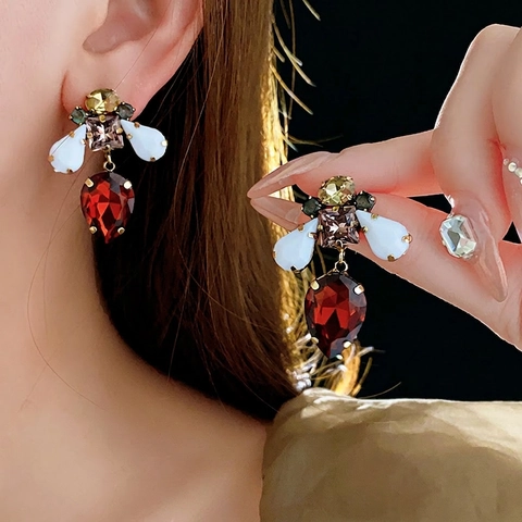 Luxury Vintage Bee Drop Earrings With Red Rhinestone Multi Color Crystal And Silver Earring Post For Women